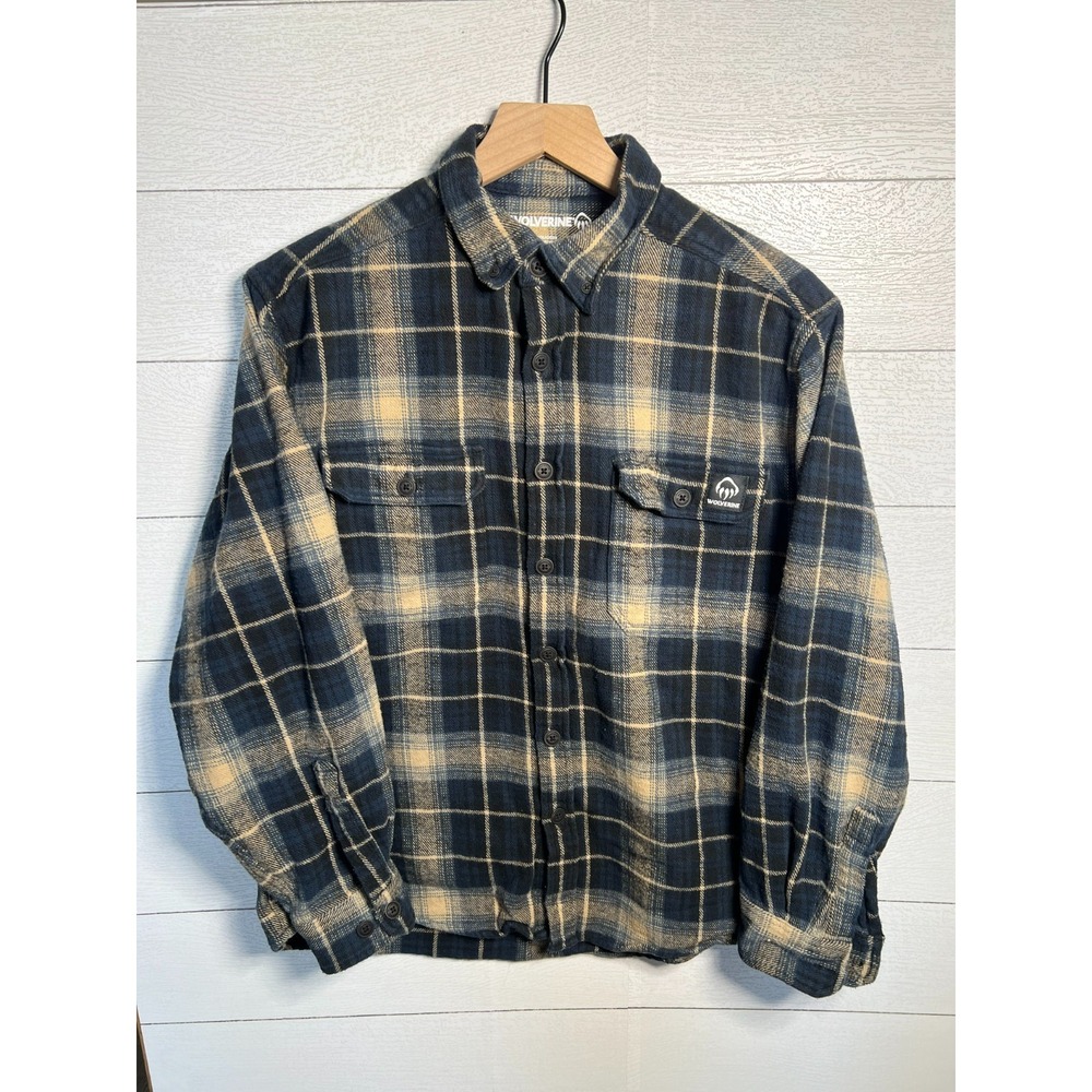 Wolverine Mens Large Flannel Shirt Plaid Blue Tan Outdoor Camping Hiking Fall